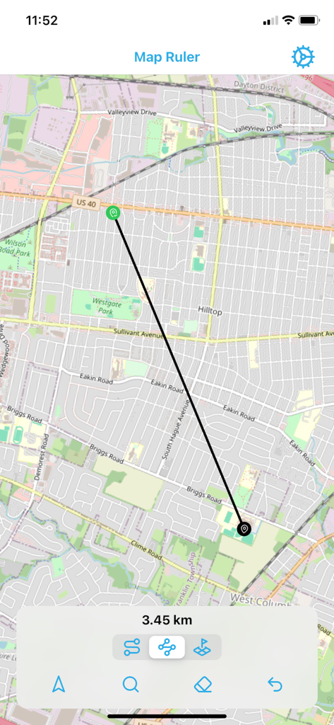 Map Ruler - Distance Measure - Interfaz de la aplicación Map Ruler mostrando una medición de distancia en línea recta de 3.45 km en un mapa
