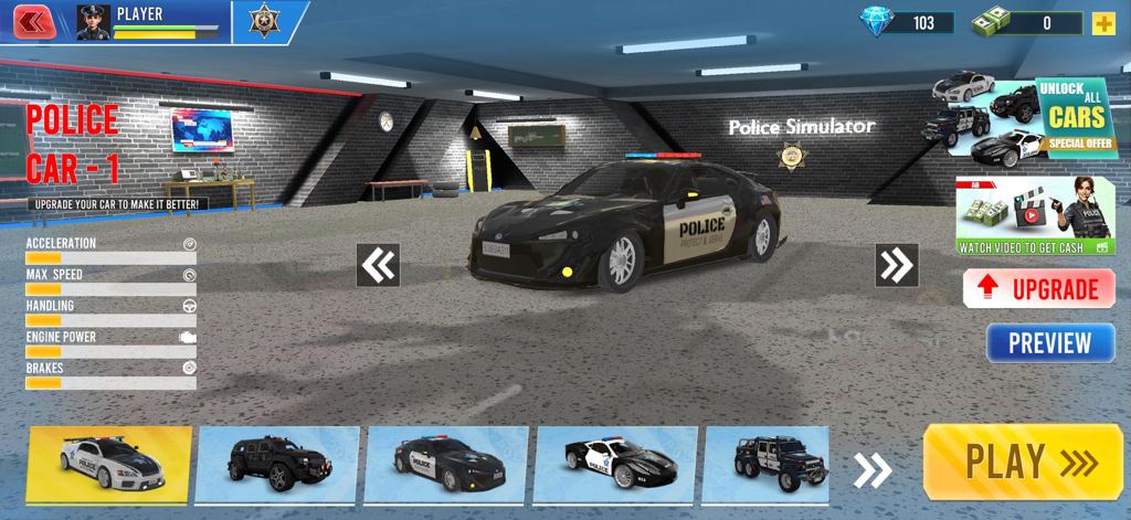 Police car customization and vehicle selection menu in Super Cop simulator