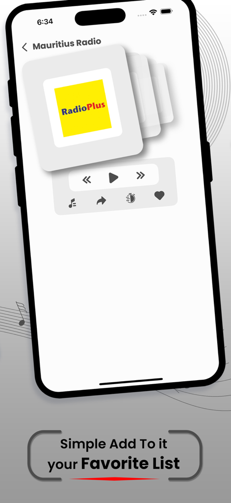 Mauritius FM Motivation - Interfaz de la aplicación de radio Mauritius FM Motivation mostrando controles de reproducción y la opción de lista de favoritos.