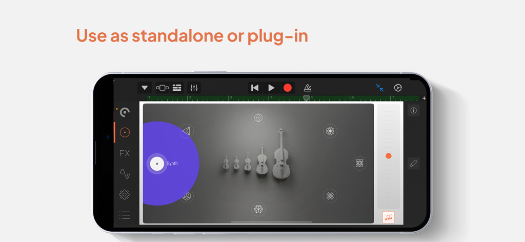 Pure Strings Instrument & AUv3 - Pure Strings instrument app interface running as a plugin in a mobile DAW with Morphpad controls