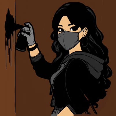 realistic girl with mask spray painting a wall