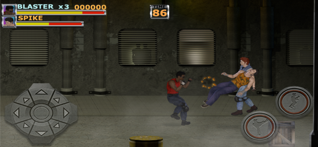 Brawler - A gameplay screenshot of the Brawler mobile game showing the character Blaster fighting Spike in an urban environment.
