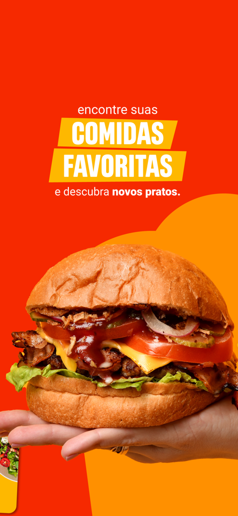 Delivery Much: Pedir Comida - 大きなハンバーガーを持つ人物。ポルトガル語で「お気に入りの食べ物を見つけ、新しい料理を発見する」と書かれています。
