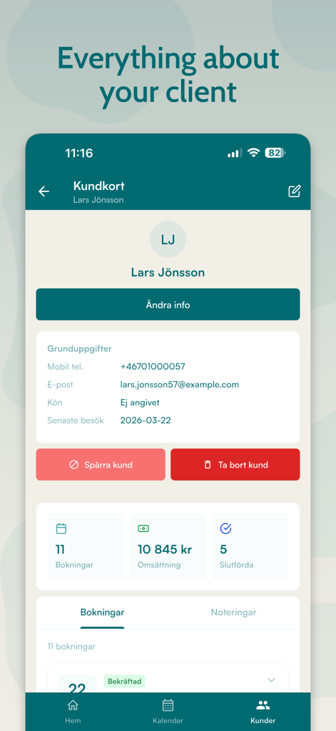 bokin business - Kundenprofilansicht in bokin business mit Kontaktdaten, Buchungshistorie und Umsatzstatistiken