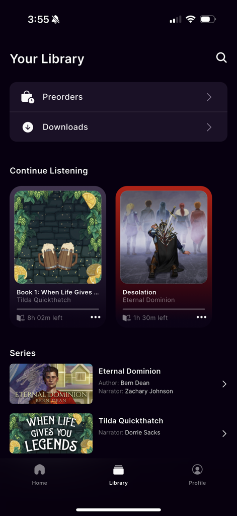Benutzerbibliothek der Soundbooth App mit dem Abschnitt "Weiter anhören" und Hörbuchreihen wie Eternal Dominion.