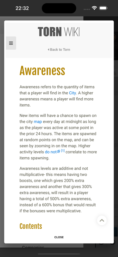 Página de la Wiki de Torn City explicando la mecánica del juego de conciencia