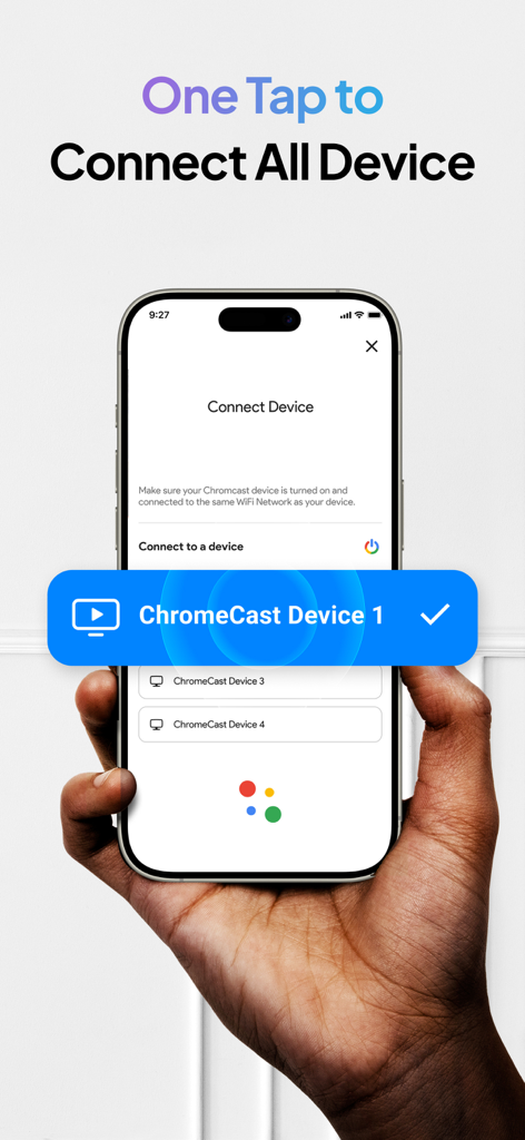 Screen Mirroring: Cast & TV - Una pantalla de iPhone que muestra una lista de dispositivos Chromecast disponibles para conexión inalámbrica de un solo toque.