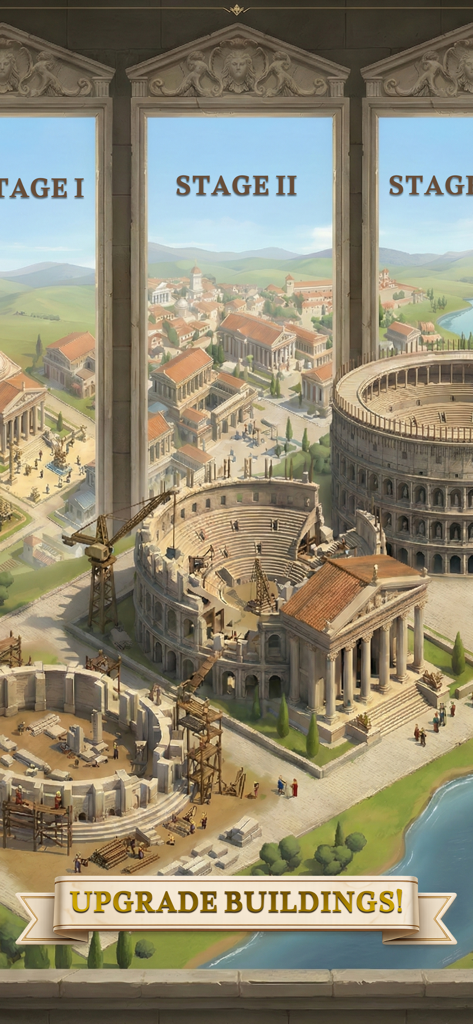 Roman Empire: Strategy Game - Progresión de la construcción del Coliseo Romano desde los cimientos hasta el anfiteatro completado