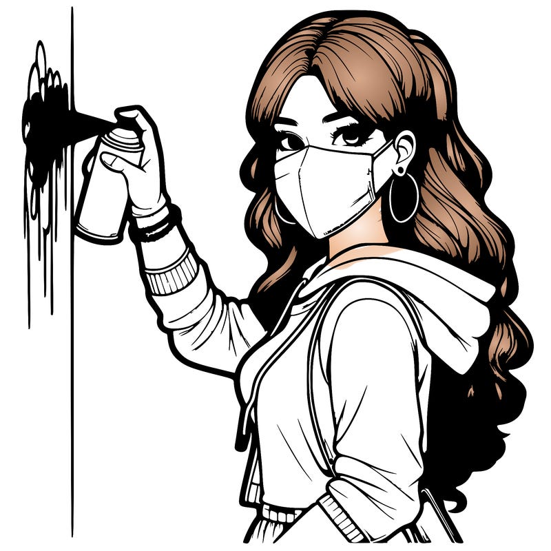 realistic girl with mask spray painting a wall