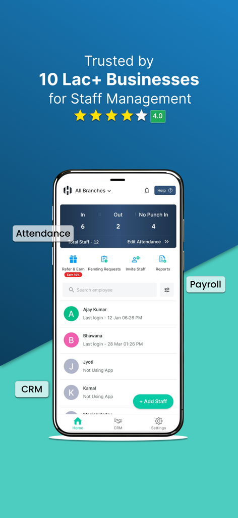 SalaryBox app interface for staff attendance and payroll management