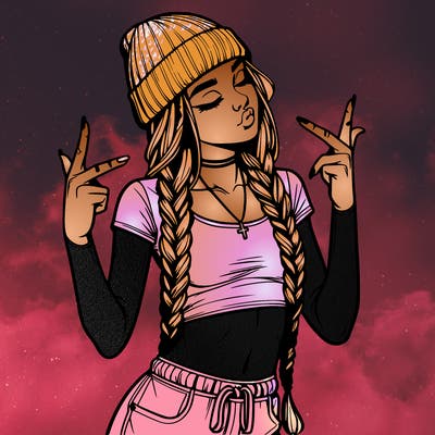 realistic teenage girl with braids and a beanie and crop top doing 🫶🏼