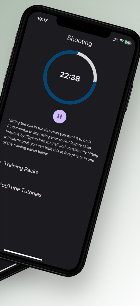 RocketTrainer - RocketTrainer app screen showing a shooting practice drill with a timer and training description