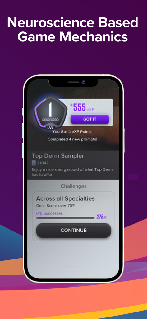 Top Derm App-Bildschirm mit einer gamifizierten Lernoberfläche mit Level-Up- und XP-Punkten, basierend auf neurowissenschaftlichen Prinzipien.