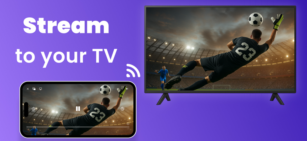 #iptv smart player pro - A soccer match streaming from an iPhone to a large television screen using the IPTV Smart Player Pro app.