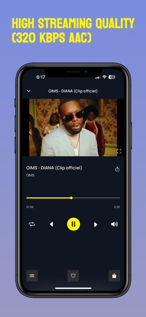 Music : Songs, Video Streaming - Music player interface showing high quality 320 KBPS AAC streaming of a music video