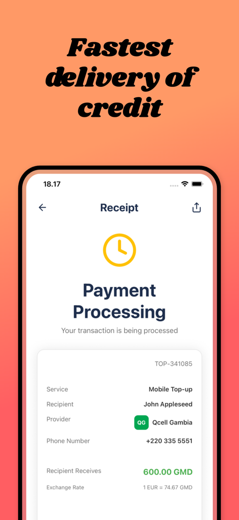 AfriiPay - AfriiPay app screen showing a payment processing receipt for a mobile airtime top up to Gambia