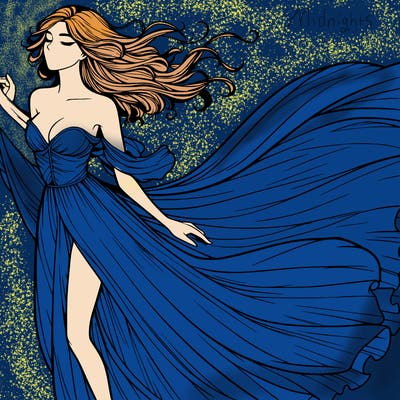 realistic woman in dress flowing the the wind