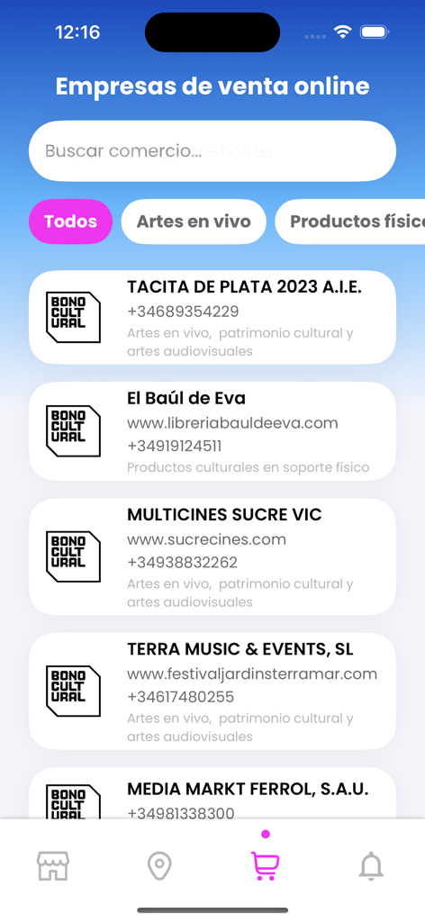 Interfaz de la app Bono Cultural Joven que muestra una lista de negocios participantes en línea y entidades culturales
