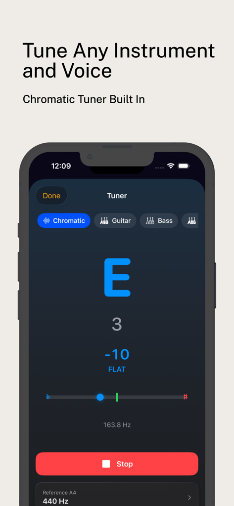 Metronome & Tuner: Tap Tempo - Chromatic tuner screen showing tuning for instruments and voice