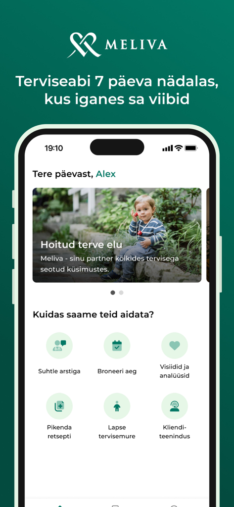Meliva Digikliinik - The home screen of the Meliva Digikliinik telehealth app showing medical service options like chat with a doctor and prescription renewal