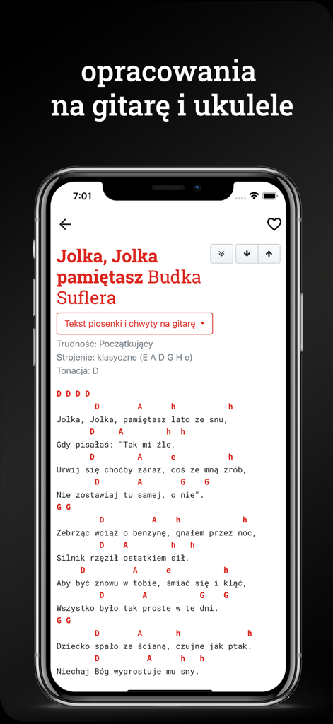 Songbook - Interfaz de la aplicación Songbook que muestra letras y acordes para guitarra y ukelele con detalles de la canción