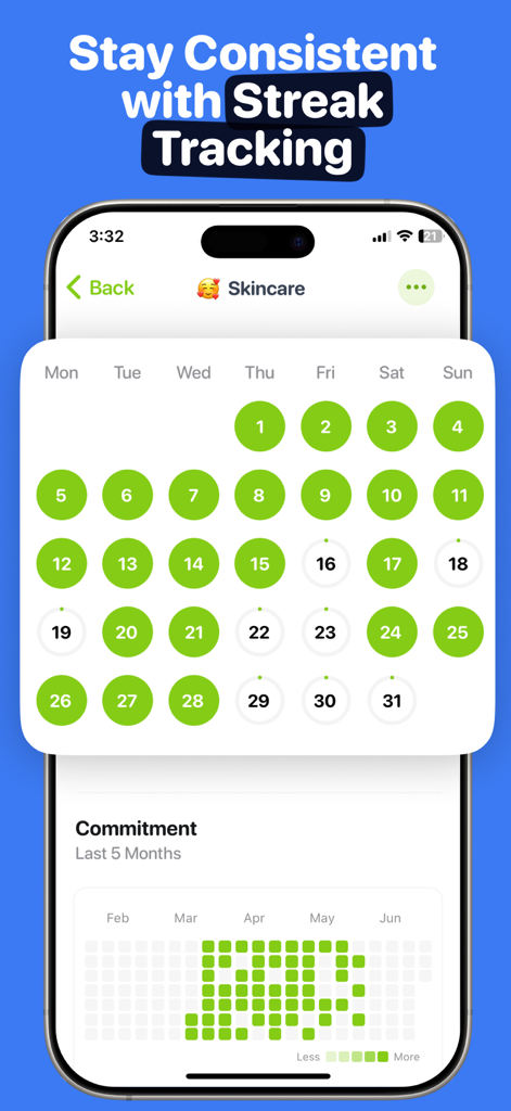 Rovelist habit tracker app interface showing a skincare streak calendar and commitment heatmap.