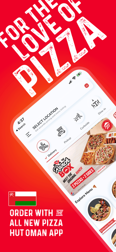 Interface do aplicativo móvel Pizza Hut Omã com promoções de comida e opções de entrega