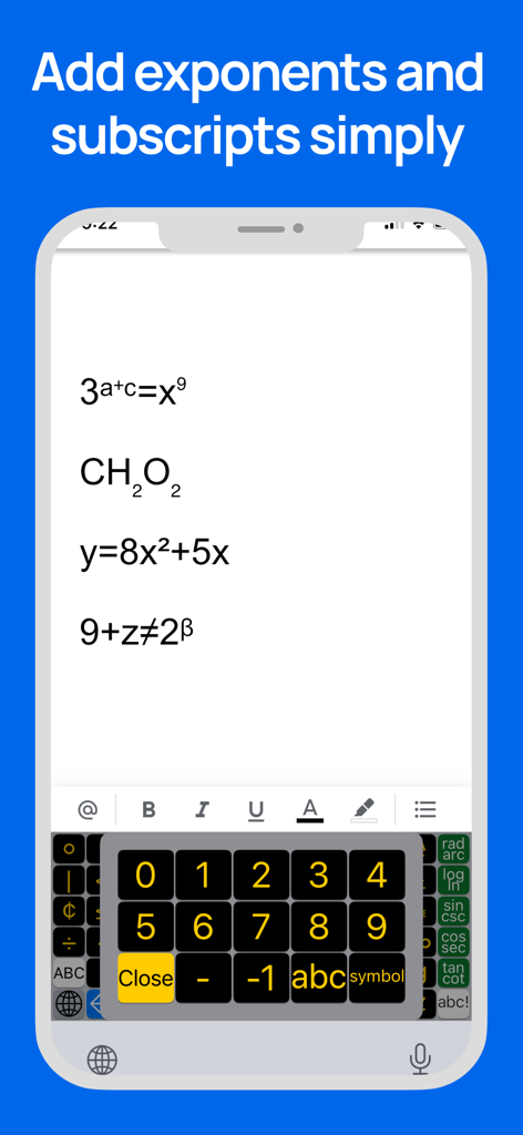 ArithmeType app screenshot showing math equations with exponents and subscripts typed using a specialized keyboard