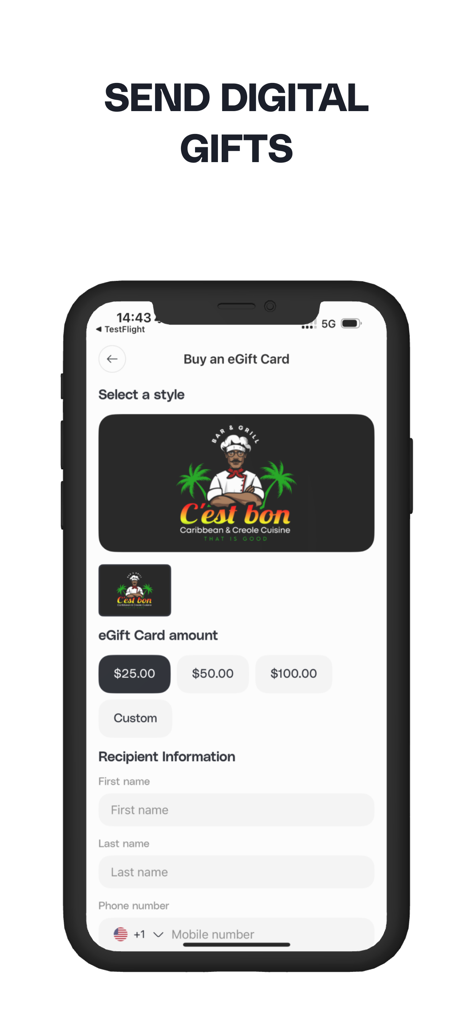 C’est Bon Creole Cuisine - Mobile app interface for purchasing a digital gift card including style selection and amount options