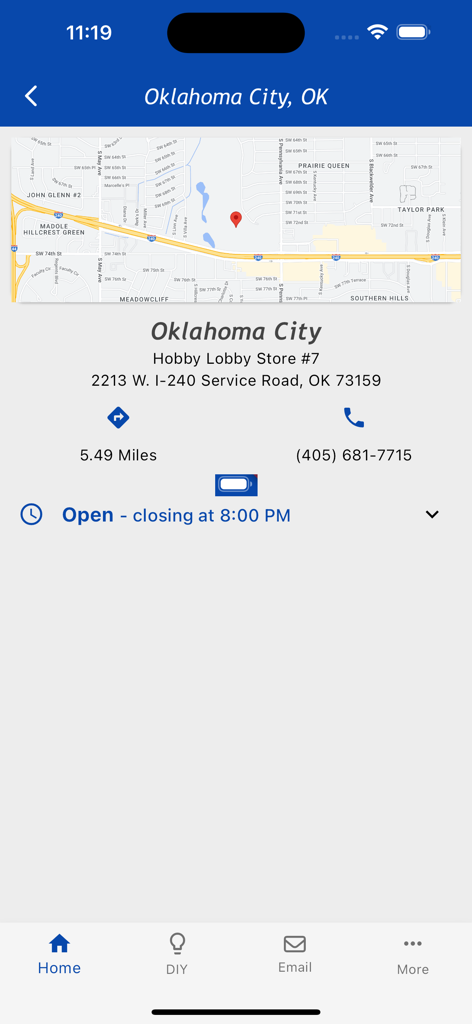 Hobby Lobby app interface displaying store address hours and map for a location in Oklahoma City