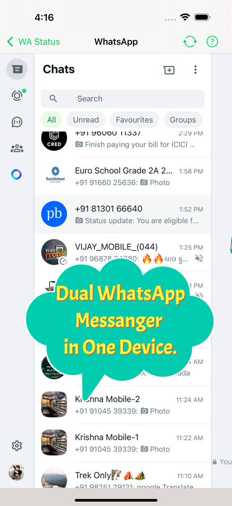 Status downloader - Interface of the Status downloader app showing the Dual WhatsApp Messenger feature