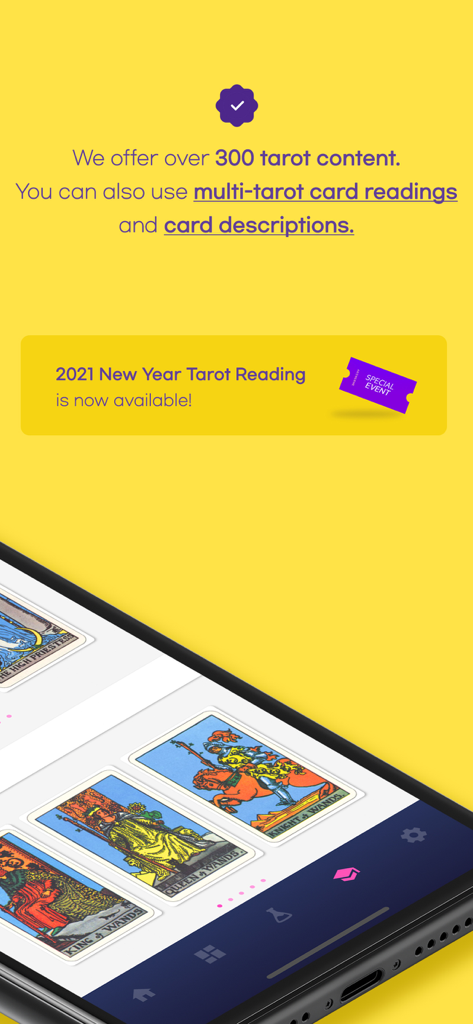 Answer Me Tarot Card Reading - Interface do aplicativo Answer Me Tarot mostrando várias opções de leitura de cartas de tarot e descrições em um fundo amarelo brilhante.