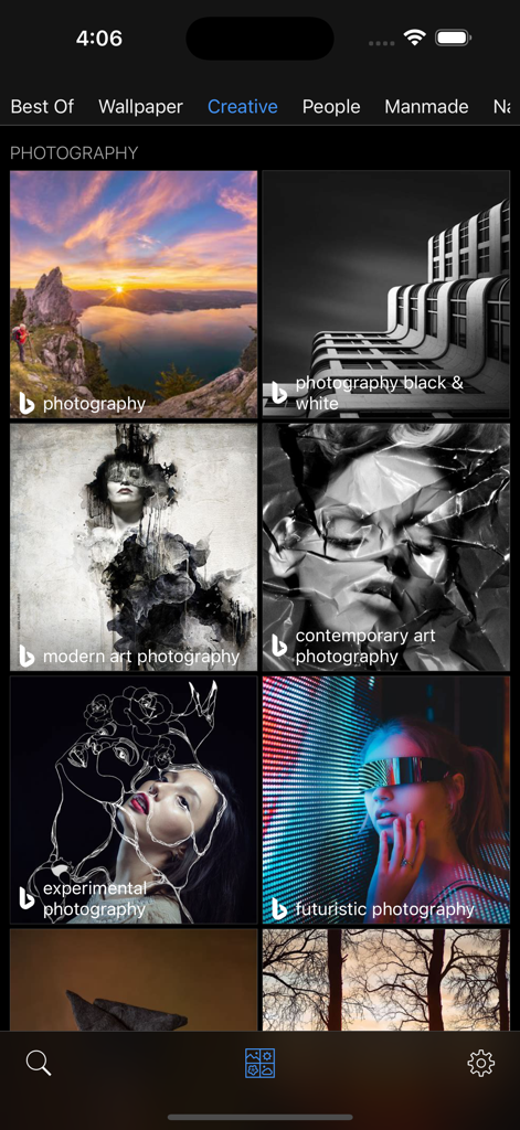 das Image Search and Explore - A display of artistic photography categories in the das Image Search app creative section
