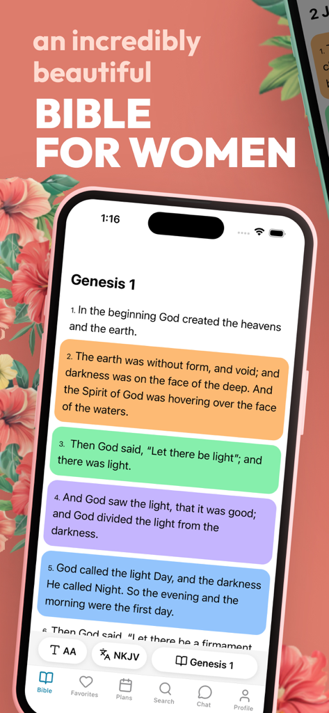 Interfaz móvil de la aplicación Womens Bible mostrando versículos bíblicos coloridos y resaltados del Génesis