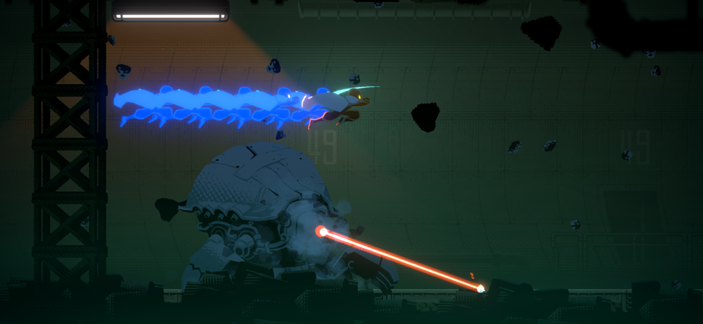 Personaje en HAAK realizando un rápido "dash" sobre un jefe robótico que dispara un láser rojo