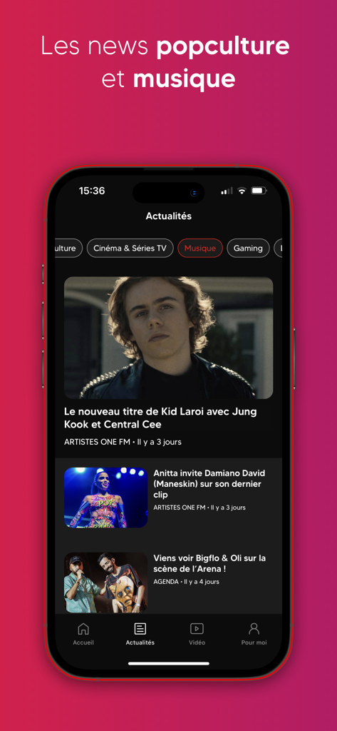 One FM - One FM app interface showing pop culture and music news articles in French