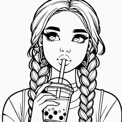 realistic girl with braided hair drinking boba
