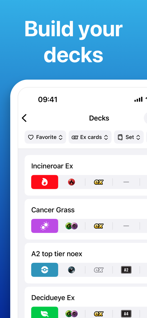 ProDex TCGP - For Pokémon TCGP - A screen from the ProDex TCGP app displaying a list of custom Pokémon TCG Pocket decks with energy type and card rarity icons
