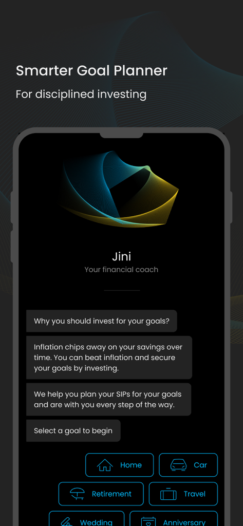 Interface do app Kuvera mostrando o Planejador de Metas Mais Inteligente com o consultor financeiro Jini e opções para investir em metas como casa, carro e aposentadoria