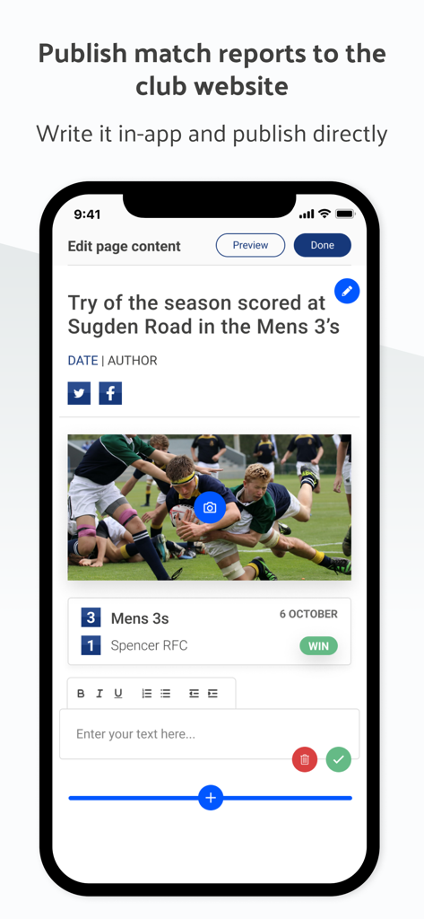 Interface pour rédiger et publier des rapports de matchs de sport dans l'application Teamo