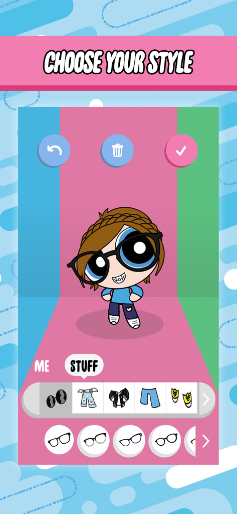 Schermata di creazione del personaggio nell'app Powerpuff Yourself con opzioni per personalizzare abbigliamento e accessori come gli occhiali.