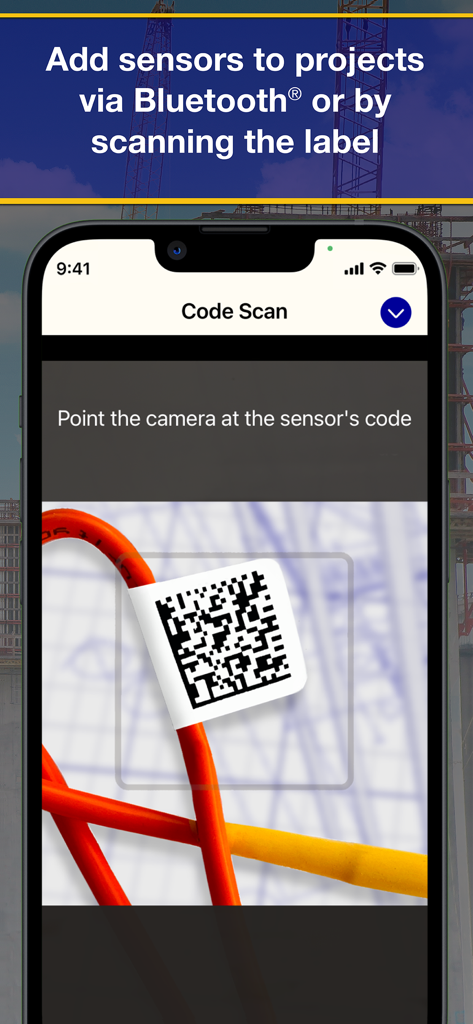 COMMAND Center™ Concrete 4 - Command Center Concrete app screen showing the mobile camera scanning a QR code on a construction sensor label