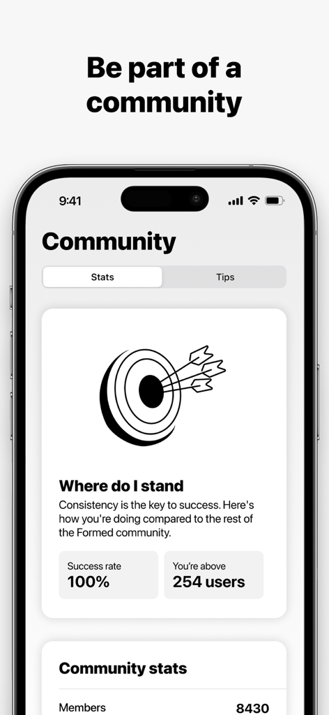 Solid Habits - Pantalla comunitaria de la aplicación Solid Habits que muestra la tasa de éxito y la clasificación de los usuarios en comparación con otros