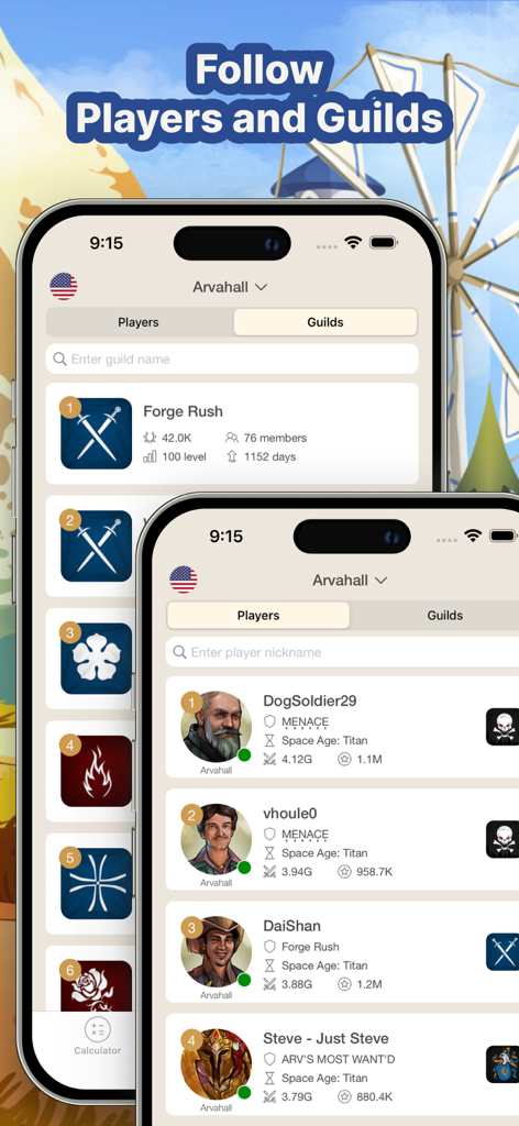 Interfaccia dell'app che mostra elenchi di giocatori e gilde di Forge of Empires per il tracciamento e l'analisi