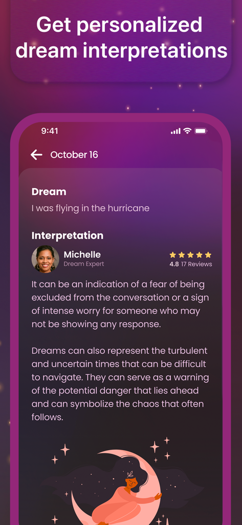 Dream Book: Journal & Analysis - Interfaz de la aplicación Dream Book que muestra interpretación y análisis de sueños por expertos