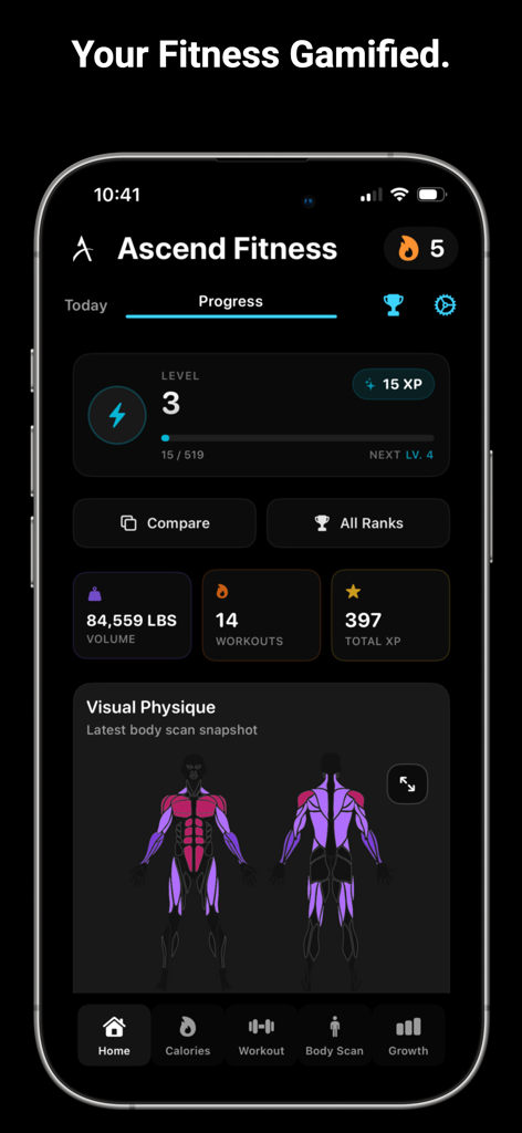 Ascend Fitness-Calories/Gym - Ascend Fitness app progress screen showing gamified levels, workout volume statistics, and a visual physique muscle heat map.