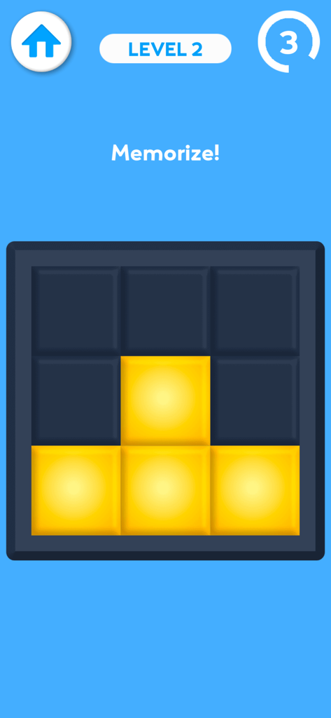 A simple 3x3 grid memory game interface with yellow blocks to memorize for cognitive stimulation
