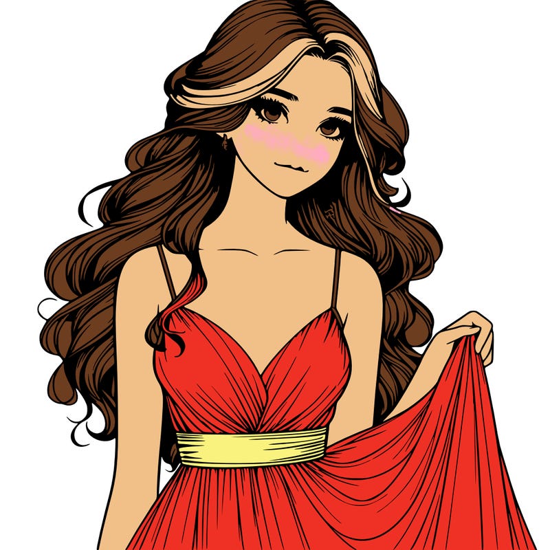 realistic girl in flowy silky prom dress