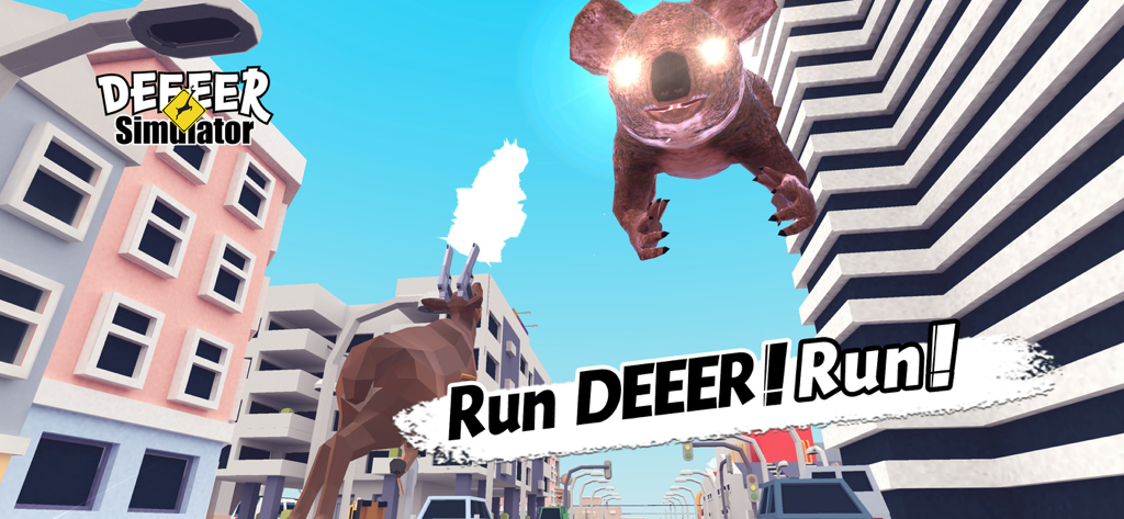 DEEEER Simulator: Modern World - Um cervo com galhadas com armas a correr pela cidade enquanto é perseguido por um koala gigante flutuante com olhos brilhantes.