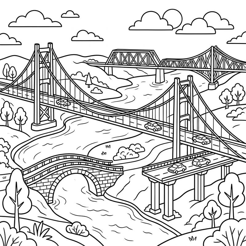 Embark on an exciting journey across various bridges with this delightful coloring page, designed especially for young explorers. This engaging scene offers a wonderful opportunity for children to learn about engineering marvels while expressing their creativity.